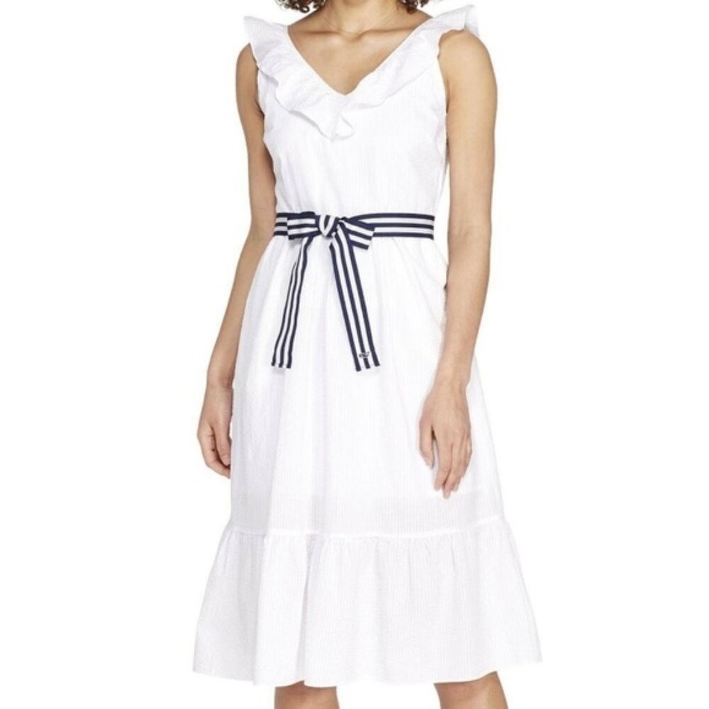 VINEYARD VINES TARGET Ruffle Tie Waist Midi Dress XS White Navy NWT